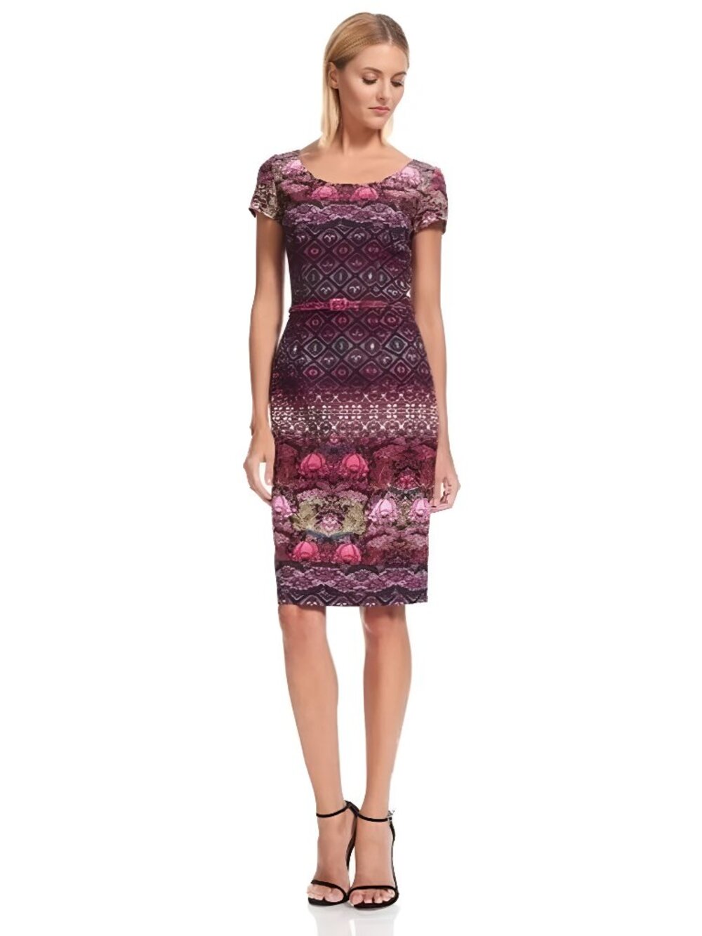 David Meister Women’s Belted Floral Sheath Dress in Burgundy Pink Size 12